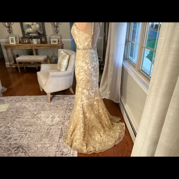 Exquisite Gold embroidered lace gown with dazzling beaded neckline and waistband - Picture 5 of 17
